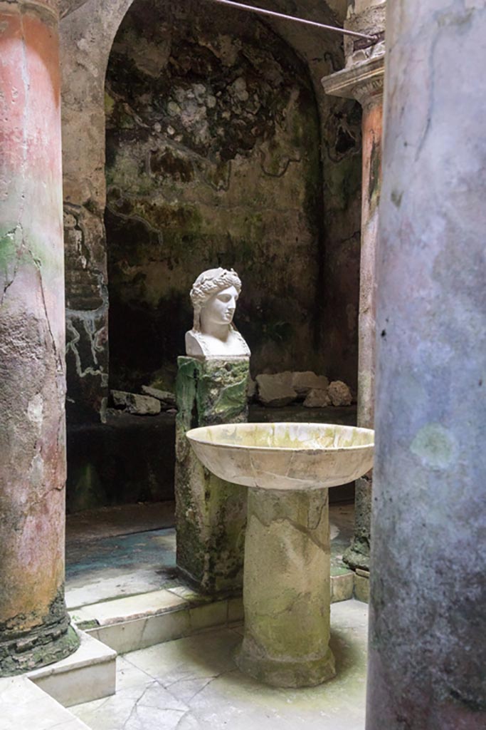 Herculaneum Suburban Baths. October 2023. 
Looking south-east across atrium with fountain bust of Apollo. Photo courtesy of Johannes Eber.